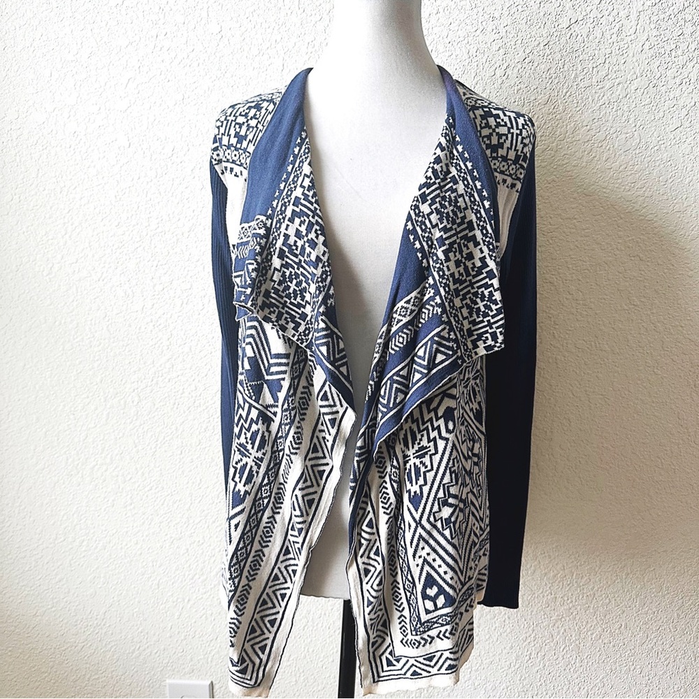 Lucky Brand Navy and White Aztec Print Open Cardigan